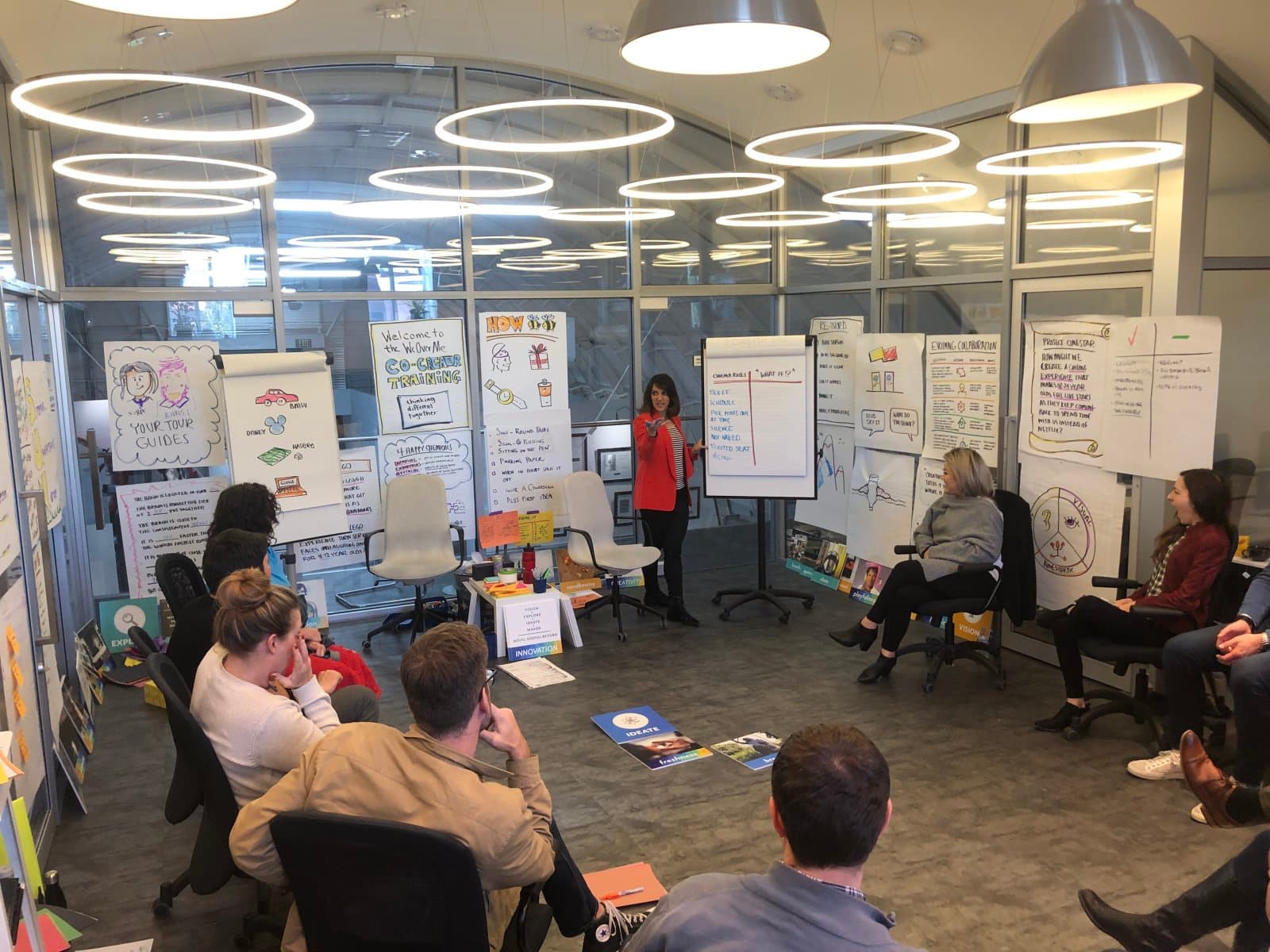Sura leading a workshop in a room lined with idea boards